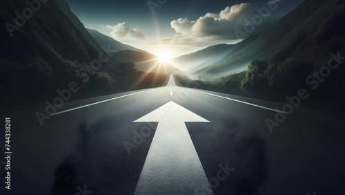 An asphalt road stretches into the distance with a painted white arrow pointing forward, symbolizing motivation photo