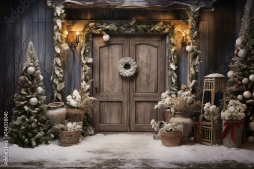 Rustic christmas entrance background. Home decor. Generate Ai