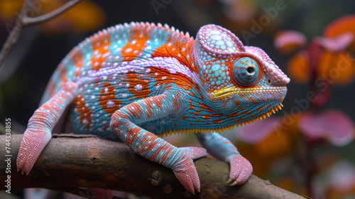 Closeup of a chameleons unique scales blending in with its surroundings as it slowly crawls along a branch.