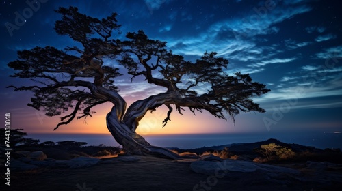 Ancient, twisted juniper tree at night with dramatic backlighting
