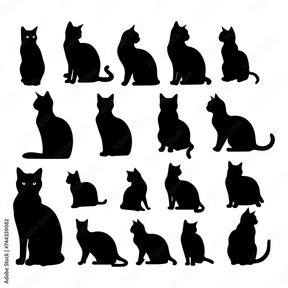 Cats set silhouette on white background, vectorac