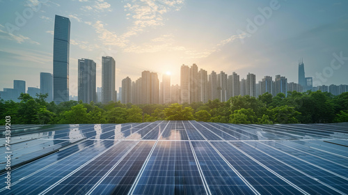 A photovoltaic system in the foreground and a large city in the background photo