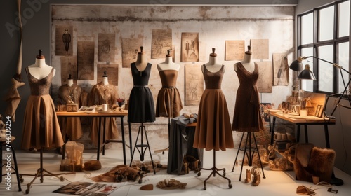 Fashion designer haute couture dressing place with various pencil sketches on paper and display of brown dress on mannequin photo