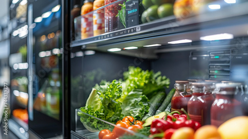 A closeup of a smart refrigerator with large easytoread labels and voice controls making it easier for individuals with visual impairments to access and manage their food.