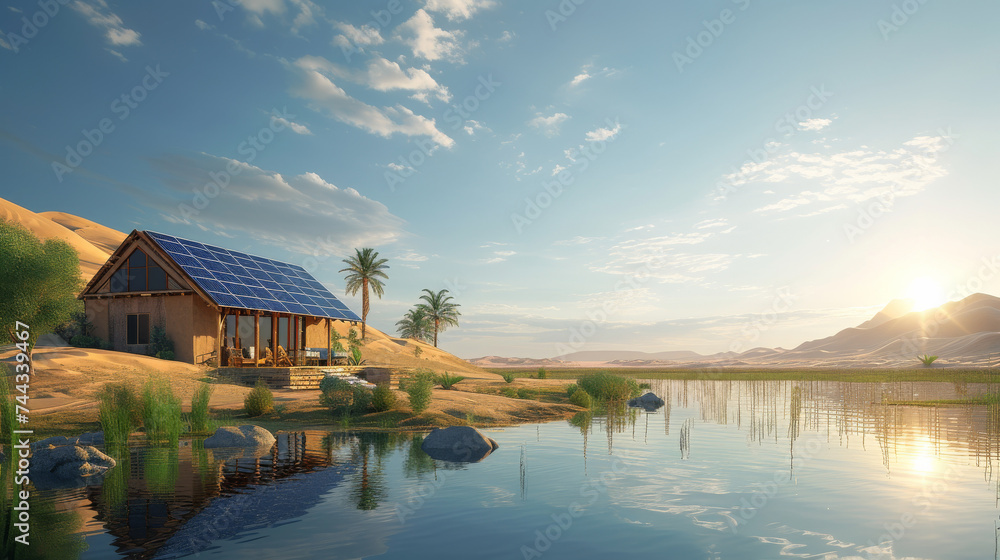 A small house with a photovoltaic system in front of a lake in the desert