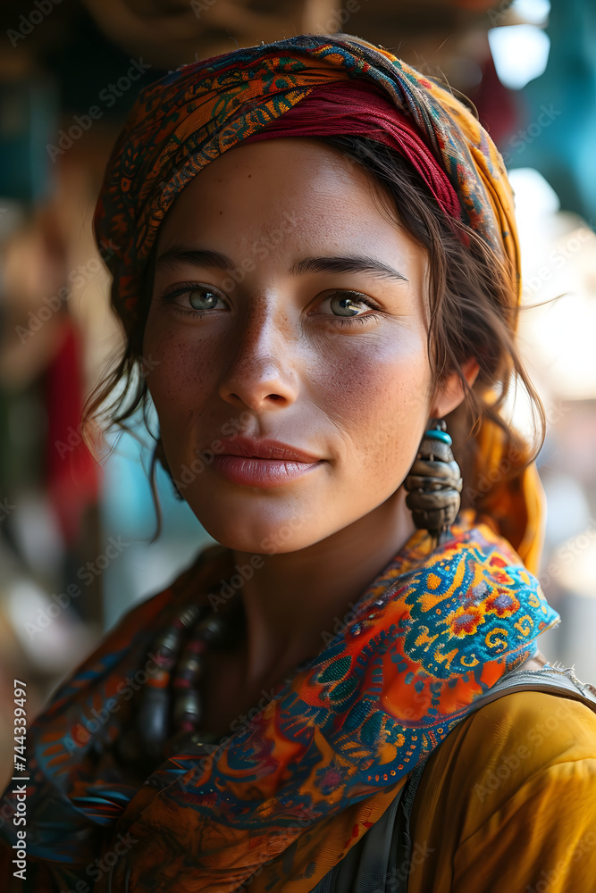 Portrait of Young and Beautiful Gypsy Woman in Traditional Dress