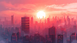 Illustration of a city with skyscrapers in the background the sun is setting