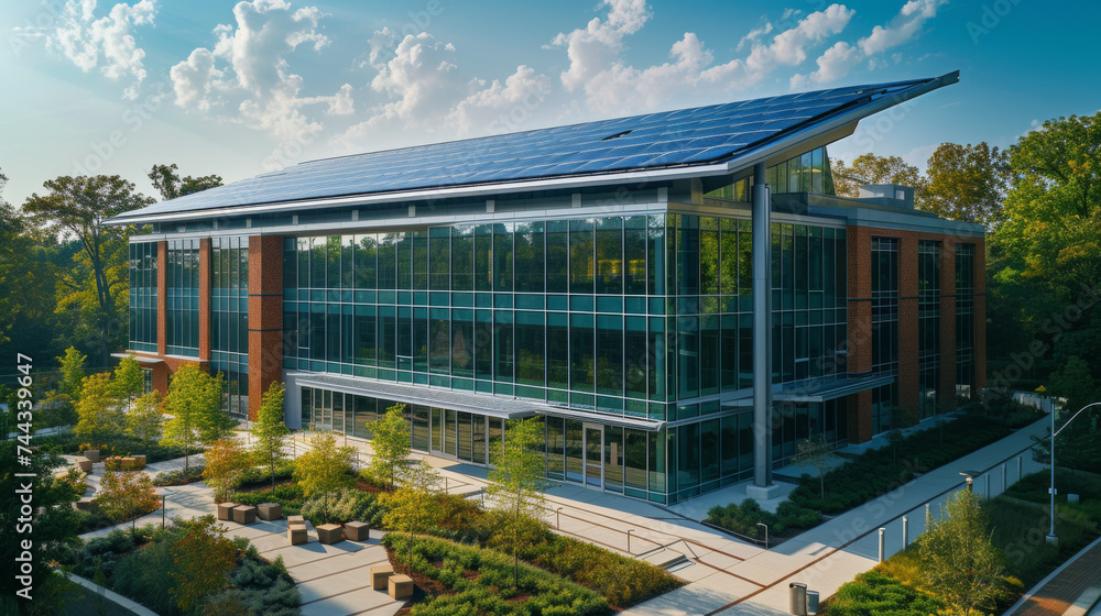 A modern glass building with a photovoltaic system on the roof A modern glass building with a photovoltaic system on the roof
