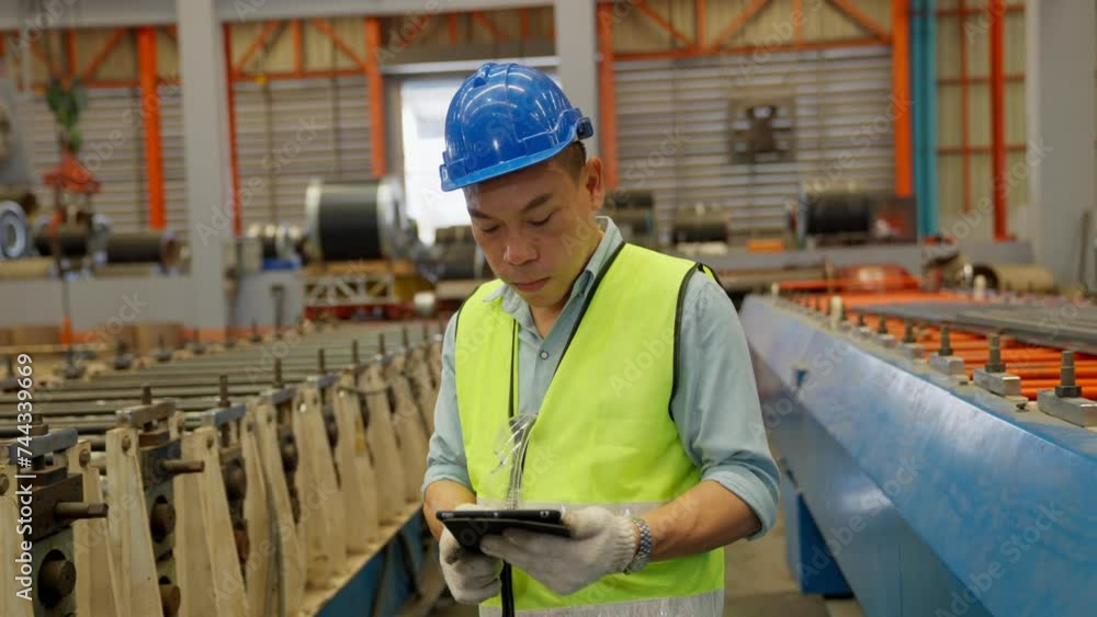 Asian man engineer or worker working in a factory with heavy machinery. Industrial Specialist Standing in a Metal Construction Manufacture. technicians and assistant workers in warehouse. Asian man engineer or worker working in a factory with heavy machinery. Industrial Specialist Standing in a Metal Construction Manufacture. technicians and assistant workers in warehouse.