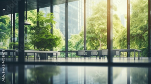 Blurred empty modern open space office with large windows and green trees