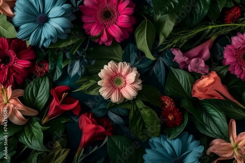 Creative layout made of flowers and leaves. Flat lay. Nature concept. Floral Greeting card. Colorful spring flower background, space for text. Nature Trendy Decorative Design. generative ai. © SEUNGJIN