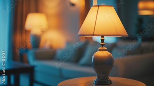 Blurred interior banner with Glowing table lamp on coffee table