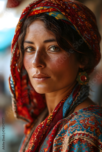 Portrait of Young and Beautiful Gypsy Woman in Traditional Dress