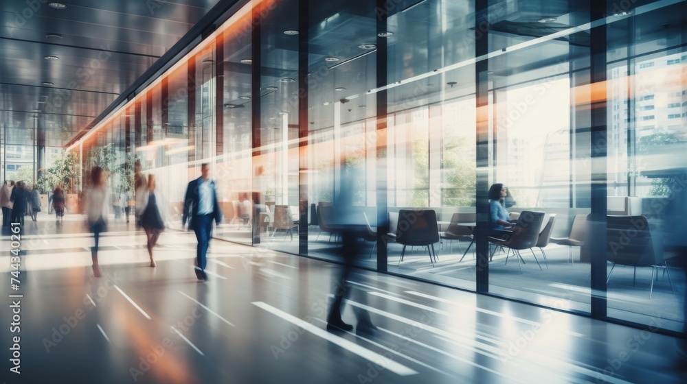 Bright business workplace with people in walking in blurred motion Bright business workplace with people in walking in blurred motion