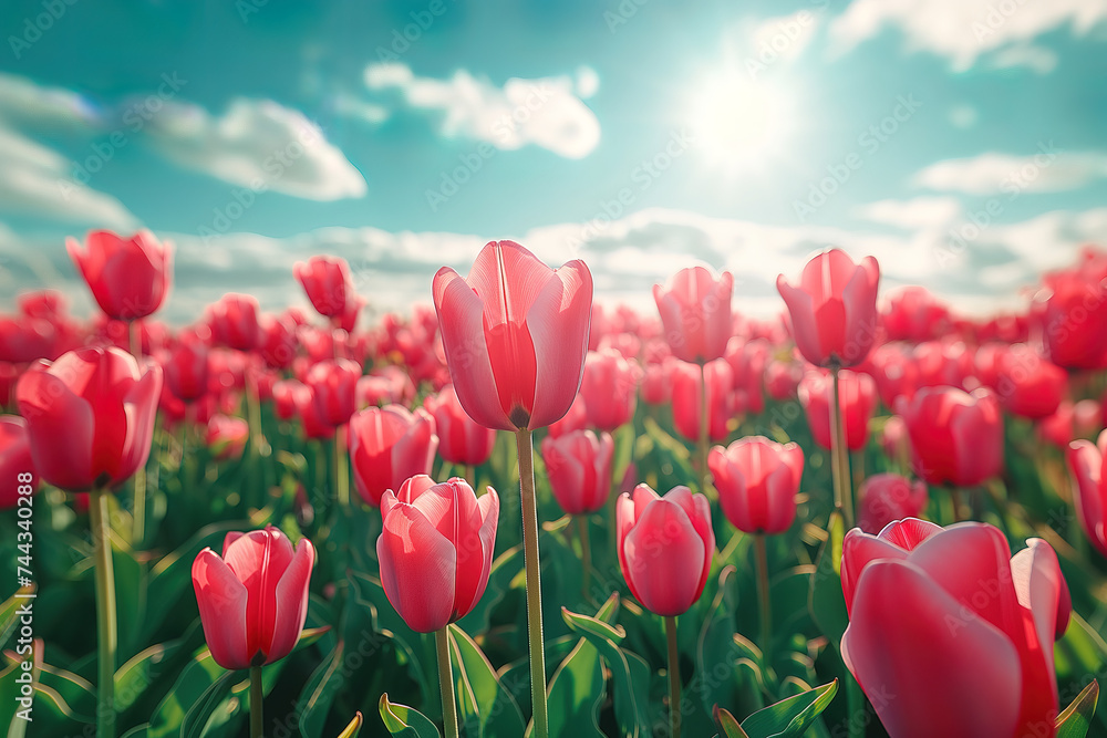 Picturesque tulip flower fields in Holland, Netherlands, scenic aerial view on a beautiful day Picturesque tulip flower fields in Holland, Netherlands, scenic aerial view on a beautiful day