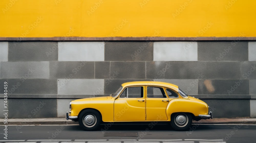 bright yellow retro car parked on asphalt road near red wall in city