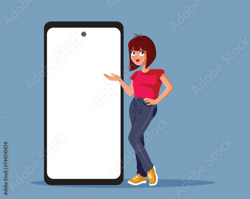 Woman Presenting an Empty Display of an. oversized Smartphone vector Illustration
Pretty promoter girl showcasing a mobile display
