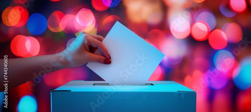 Closeup of woman putting her vote into ballot box on blurred background photo