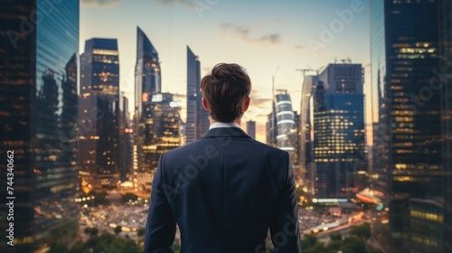 businessman standing in front of modern high-rise city