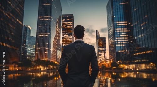 businessman standing in front of modern high-rise city