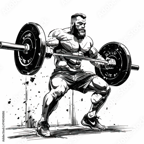 Muscle man bodybuilder holding a large barbell with big weights