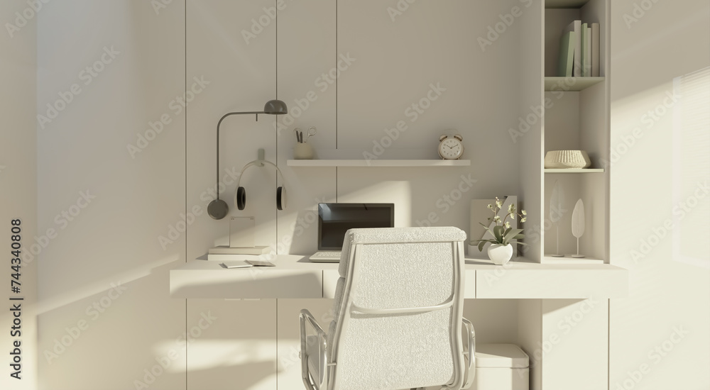 Minimal working space fine wood table with computer laptop, books, table lamp and decor leaves plants by the window with sun shade roller blind. Space for products overlay. 3d render Minimal working space fine wood table with computer laptop, books, table lamp and decor leaves plants by the window with sun shade roller blind. Space for products overlay. 3d render