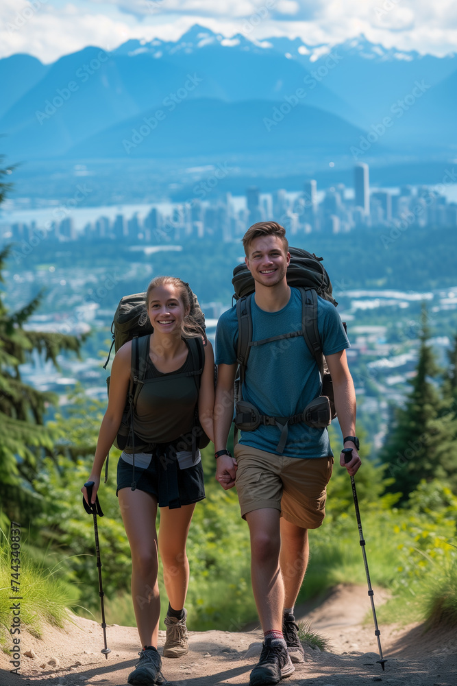 Happy couple hiking on scenic mountain trail with city and mountain vista