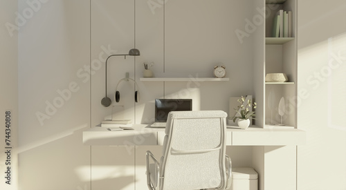 Minimal working space fine wood table with computer laptop, books, table lamp and decor leaves plants by the window with sun shade roller blind. Space for products overlay. 3d render © Hihiland