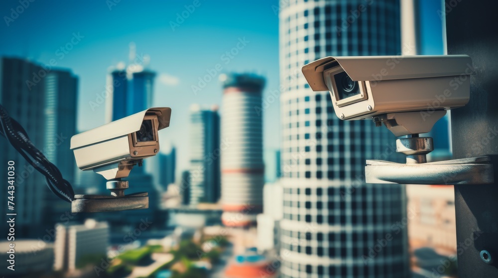 CCTV security cameras with skyscrapers in the background CCTV security cameras with skyscrapers in the background