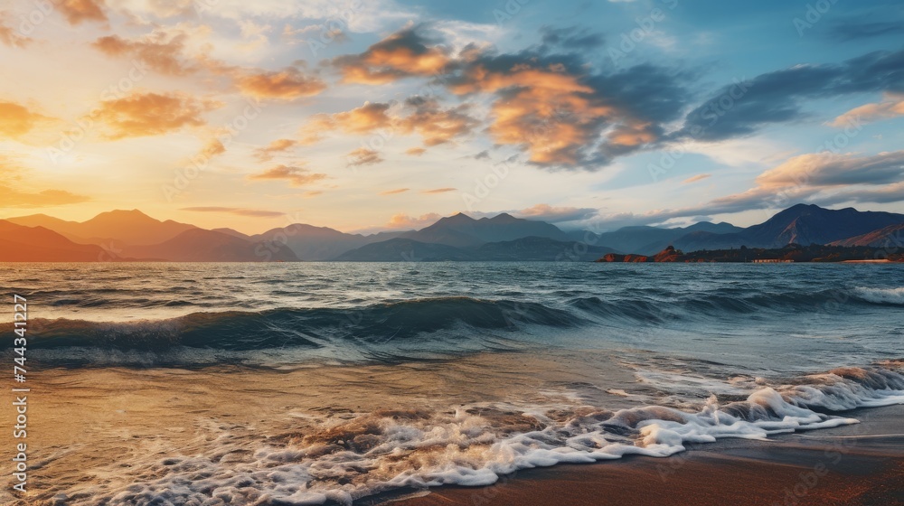 Coast of wavy sea under cloudy sky at sunset with distant mountains