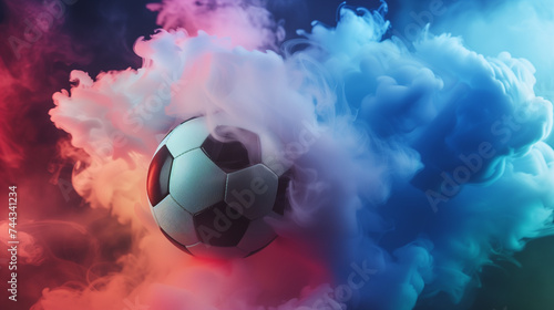 Vibrant soccer ball emerging from colorful smoke cloud on black background