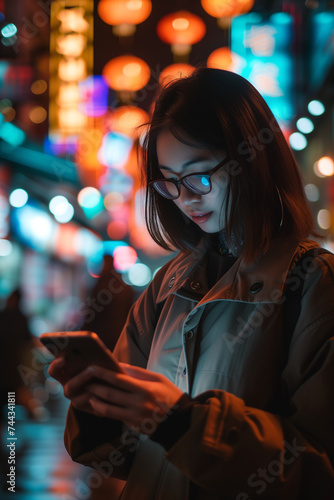 Vibrant city night: woman engrossed in mobile app under dazzling street lights