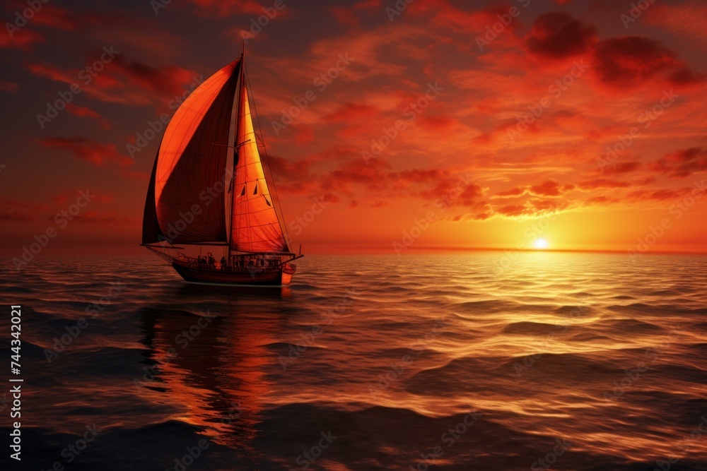 Sailboat sea sunset view. Tourism vacation. Generate Ai