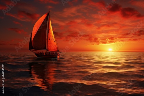 Sailboat sea sunset view. Tourism vacation. Generate Ai
