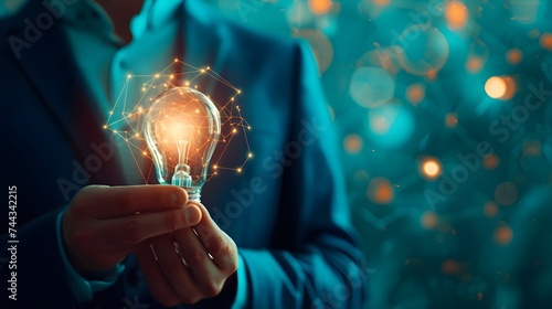 Businessman holding a light bulb in his hand. symbolizing a new business idea for company growth. holographic glowing particles. Generative AI.