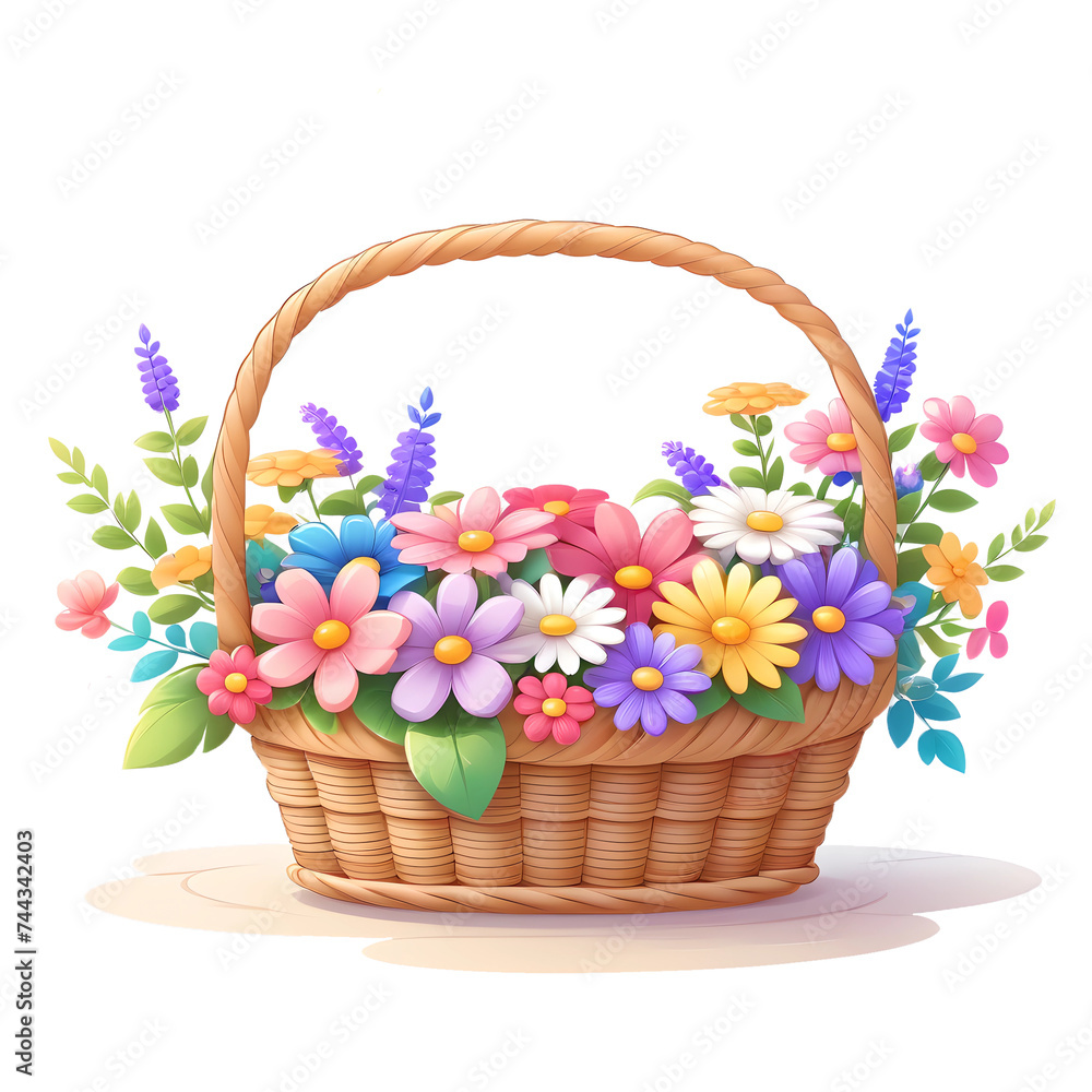 Colorful assortment of flowers in a wicker basket. Drawing, illustration.