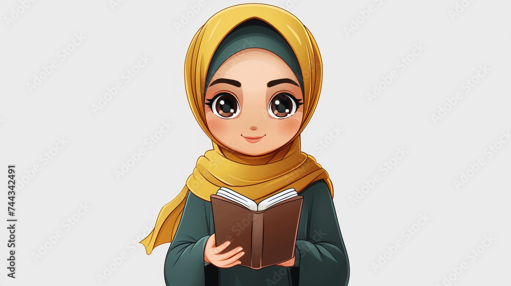 Cute muslim girl cartoon wearing hijab and holding a book Stock ...