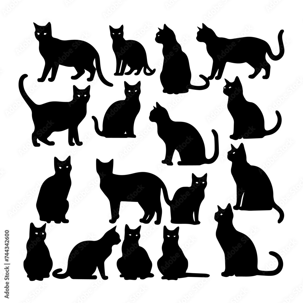 Cats set silhouette on white background, vectorac