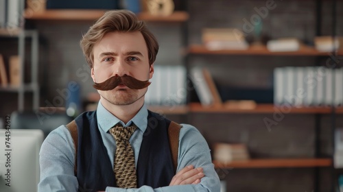 Funny bisinessman with fake moustache in the office  photo