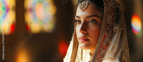 Elegant bride with white veil and striking red lipstick standing gracefully