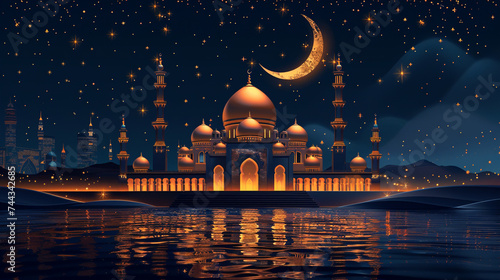 3d golden mosque with crescent moon and stars. Vector illustration of Islamic architecture. 