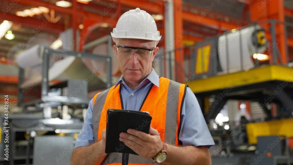 custom made wallpaper toronto digitalAmerican older Engineer or worker wear hard Hat working in a factory with heavy machinery. Industrial Specialist Standing in Metal Construction Manufacturing technicians assistant workers in warehouse