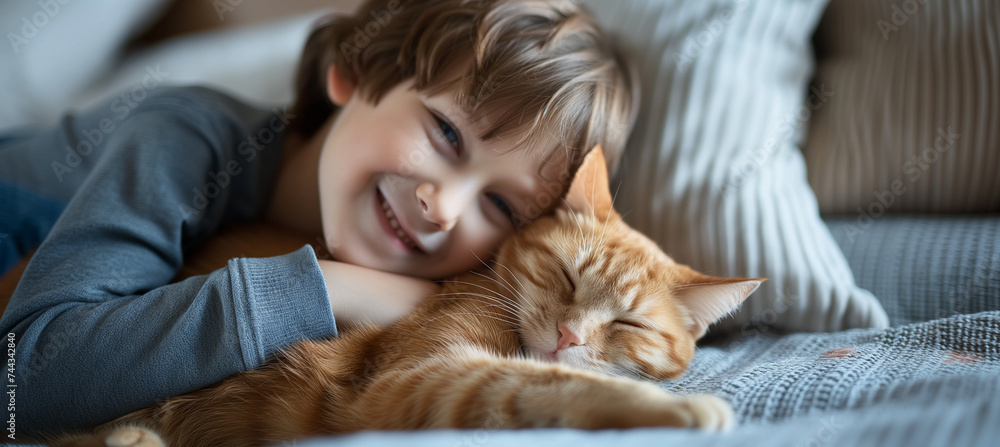 Happy little boy cuddling beloved orange tabby cat at home on cozy morning