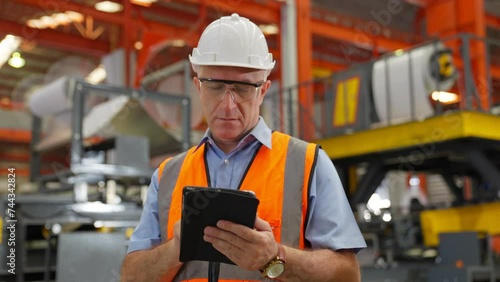 American older Engineer or worker wear hard Hat working in a factory with heavy machinery. Industrial Specialist Standing in Metal Construction Manufacturing technicians assistant workers in warehouse