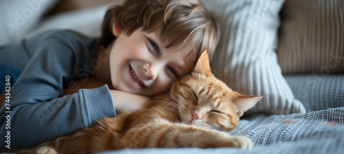 Happy little boy cuddling beloved orange tabby cat at home on cozy morning