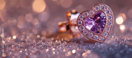 Elegant Purple Heart Shaped Ring Encrusted with Diamonds on a Sparkling Glitter Background