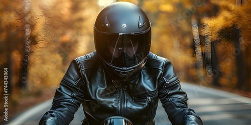Man in a motorcycle with helmet and gloves protective clothing
 photo