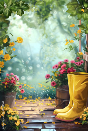 Sunny spring and summer garden background with flowerpots and yellow boots