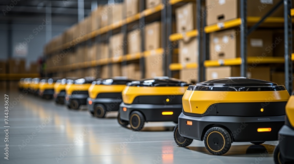 delivery robots with sensors parked in modern spacious warehouse delivery robots with sensors parked in modern spacious warehouse