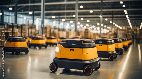 delivery robots with sensors parked in modern spacious warehouse 